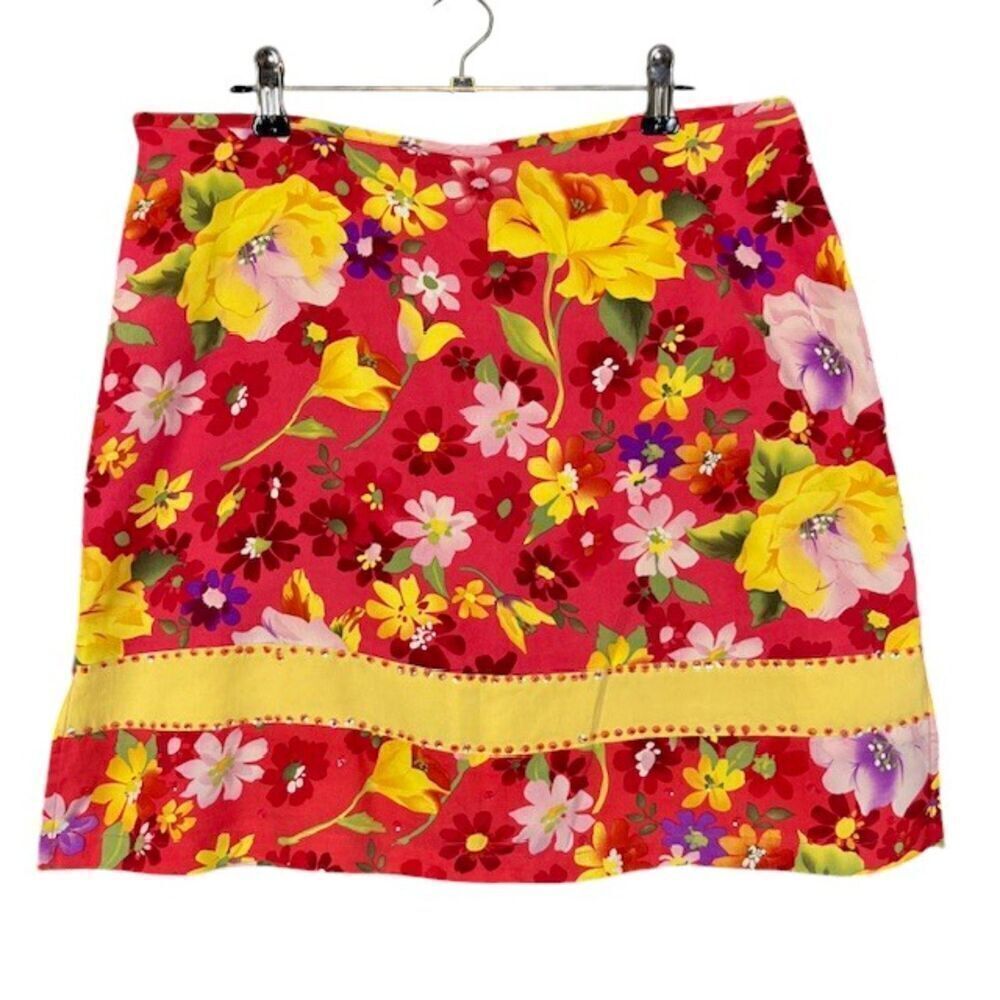 Bamboo Traders 100% Silk Floral Skort with Embellished Trim Coral Yellow Size 10